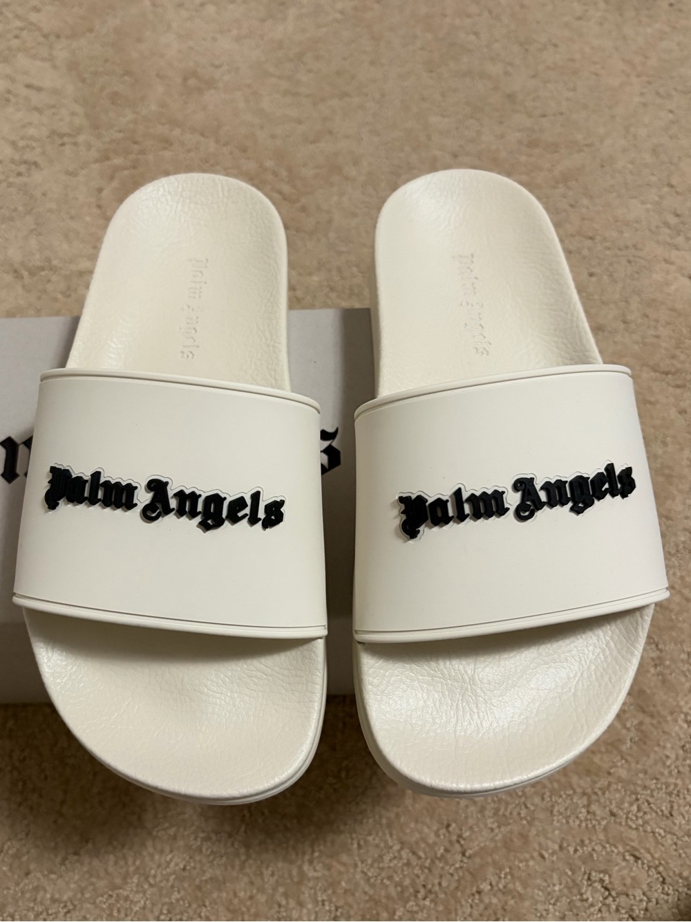 Palm Angels Creme Pool Slide Sandals with Black Logo for Women